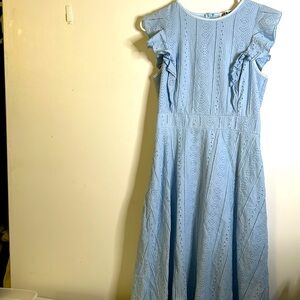Ecowish eyelet ruffle midi dress size medium lined blue zipper back 100%…